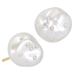 Russell Trusso White Diamond Embedded Baroque Keshi Pearl Gold Stud Earrings