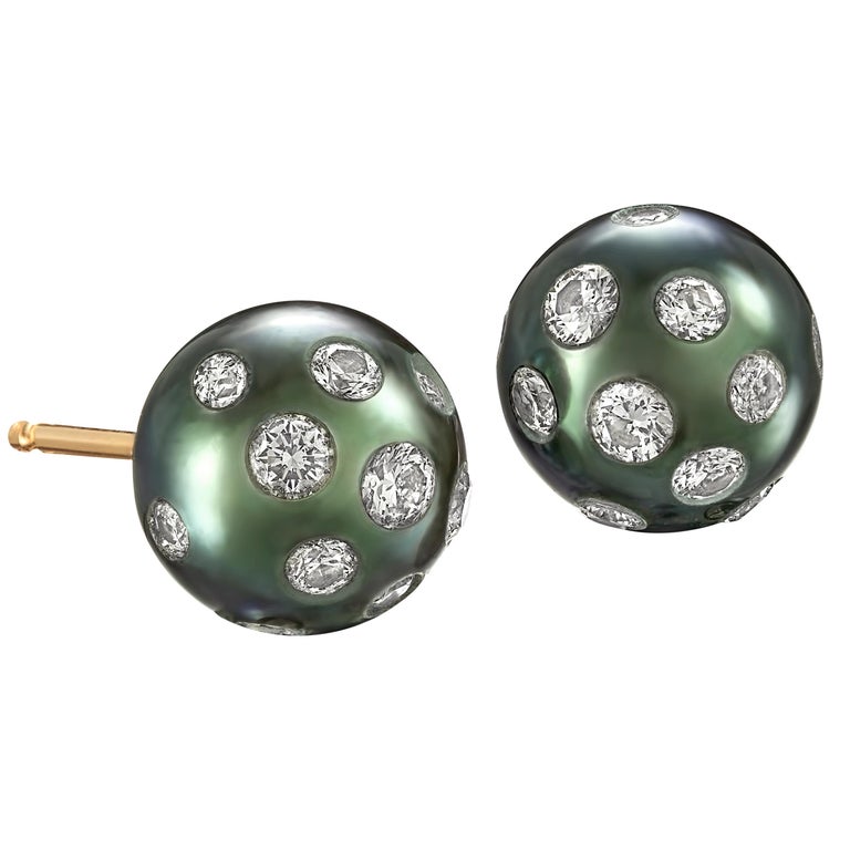 Russell Trusso White Diamond Embedded Blue Tahitian Pearl Stud