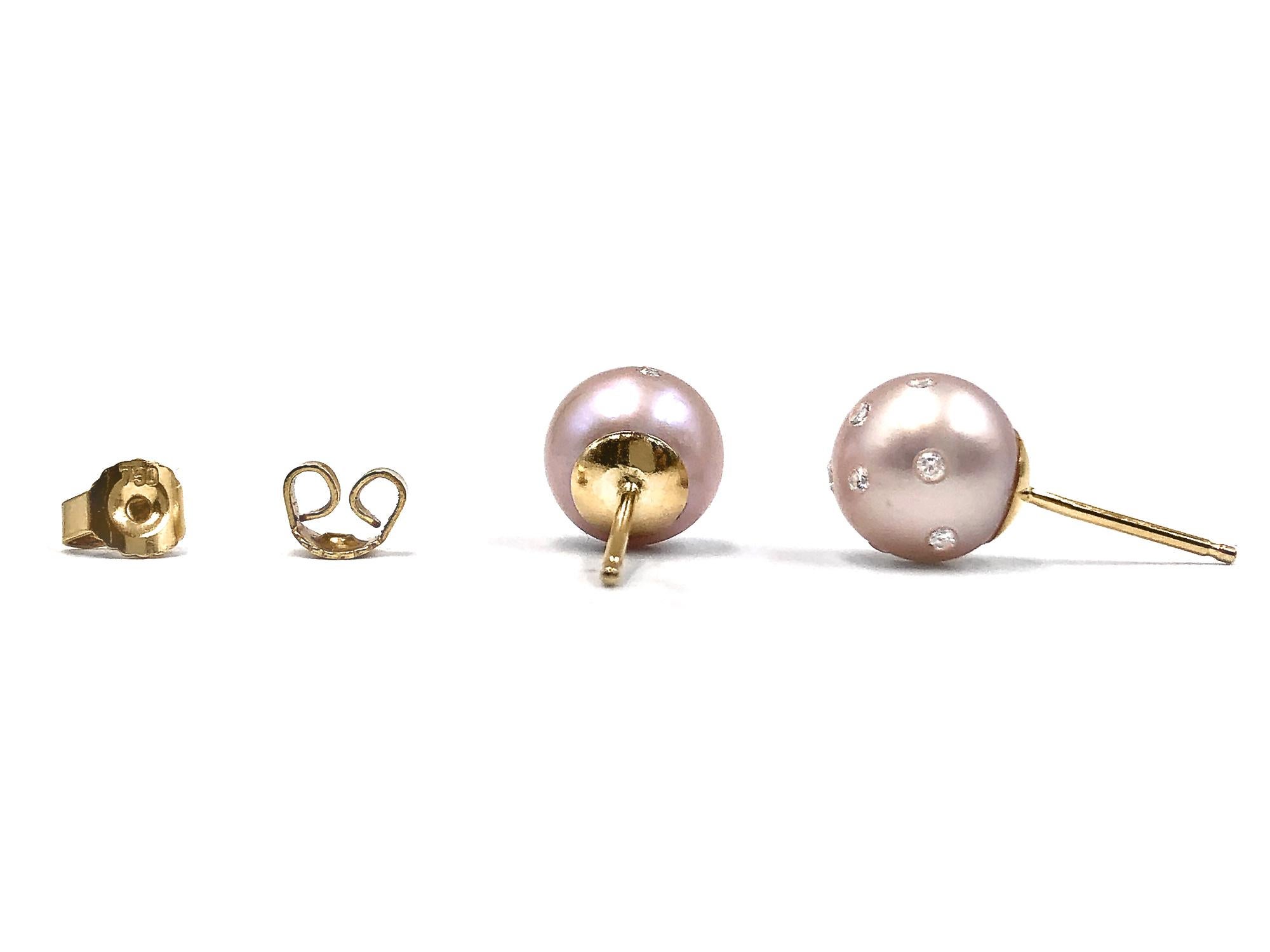 Artist Russell Trusso White Diamond Embedded Pink Freshwater Pearl Stud Earrings