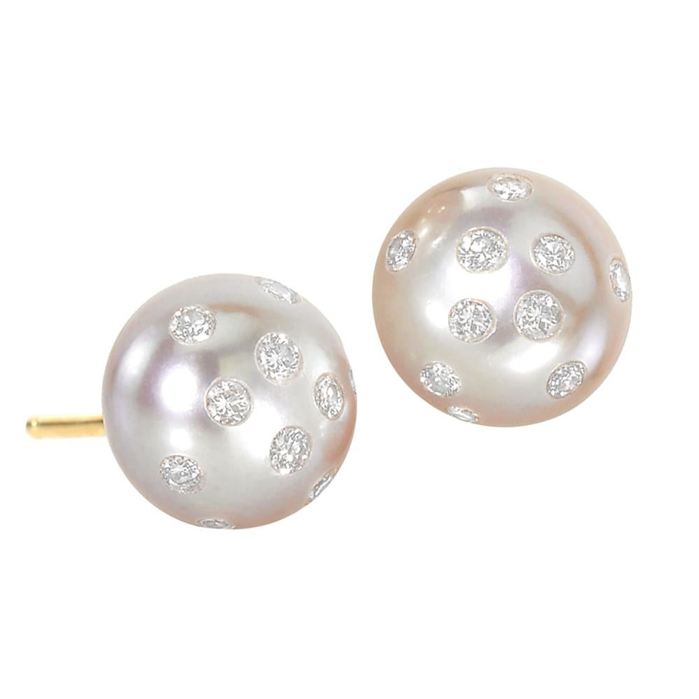 Russell Trusso White Diamond Embedded Pink Freshwater Pearl Stud Earrings