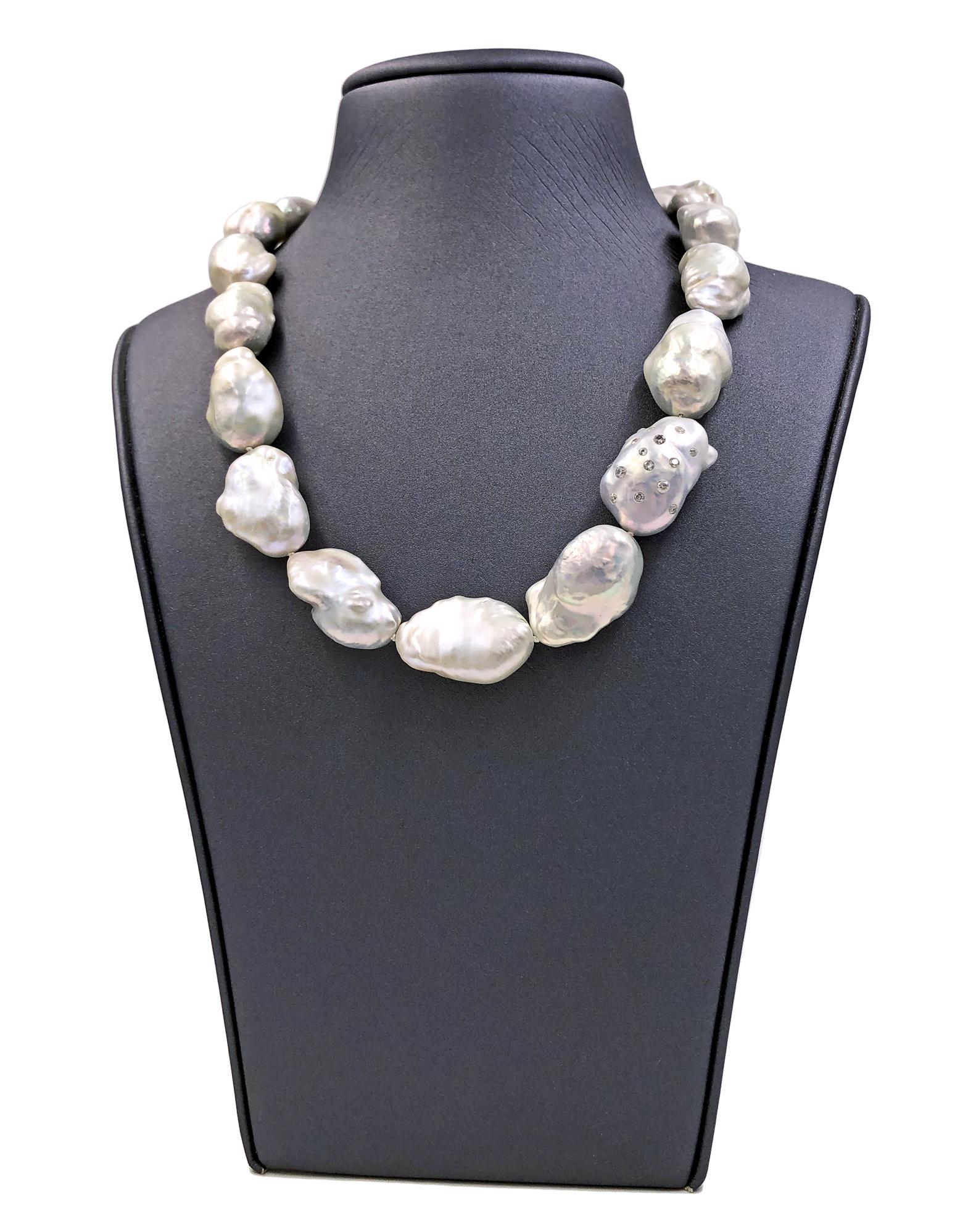 Artist Russell Trusso White Diamond Rainbow White Freshwater Pearl Strand Necklace