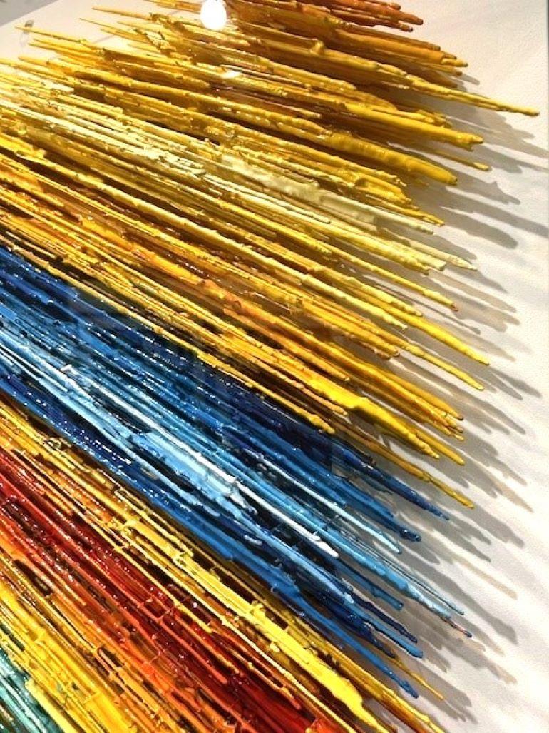 Original artwork, oil and wire on board.

Russell West’s intensely coloured, dripping paint artworks draw the eye into a three-dimensional labyrinth of layers and hollows, colours and patterns.

West can spend up to a year creating a work,