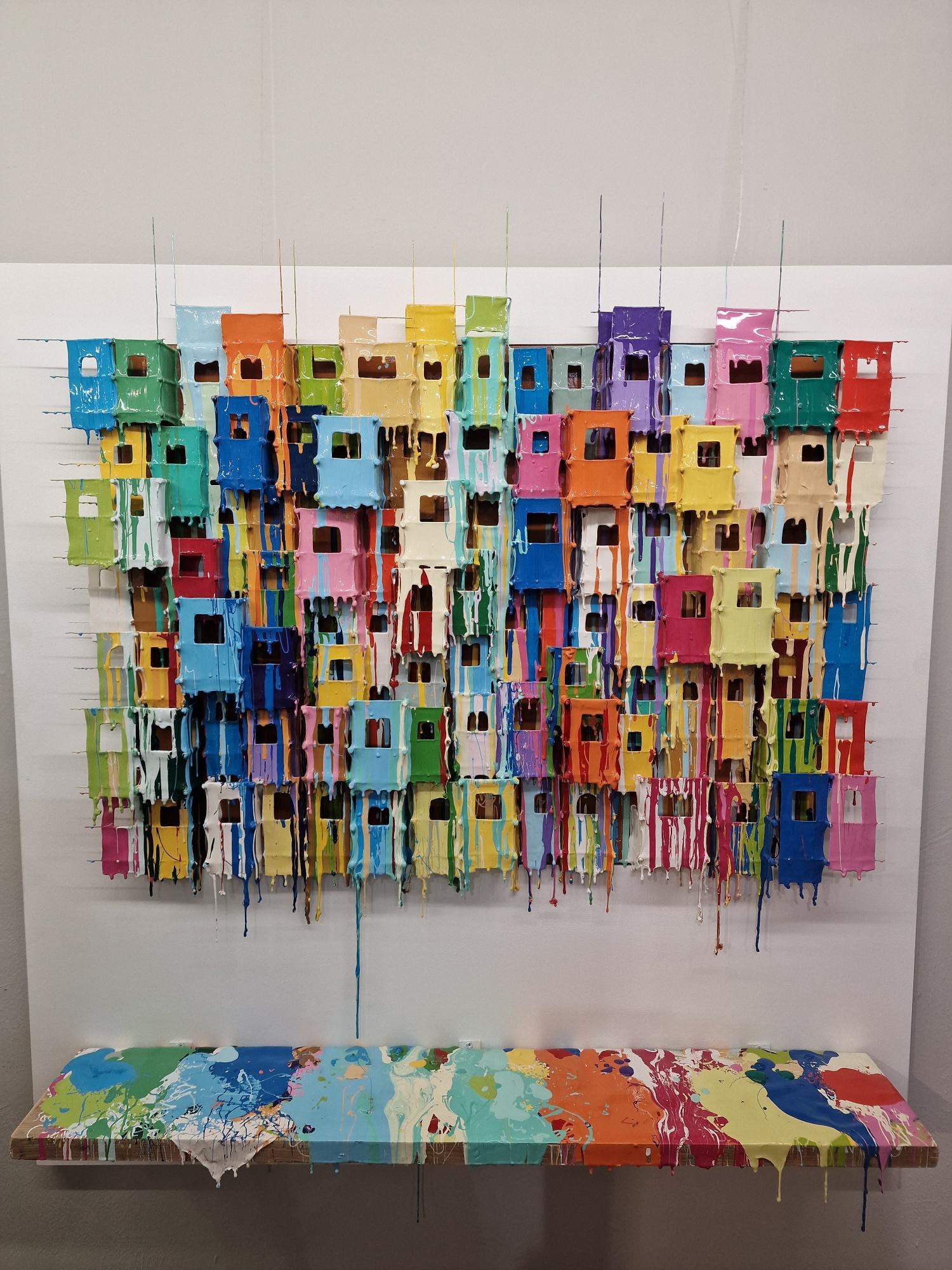 Russell West Abstract Painting - Solidarity Abstract Mixed Media Painting, Oil and Wire on Board