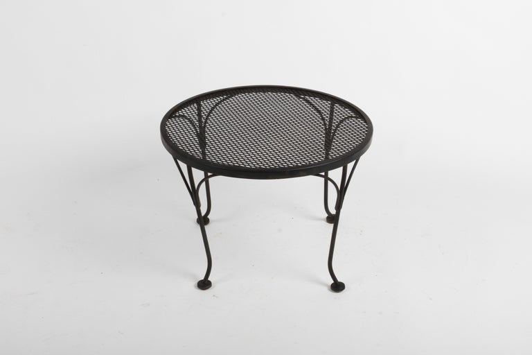 Russell Woodard Round Black Wrought Iron & Mesh Patio Coffee of Side Table For Sale