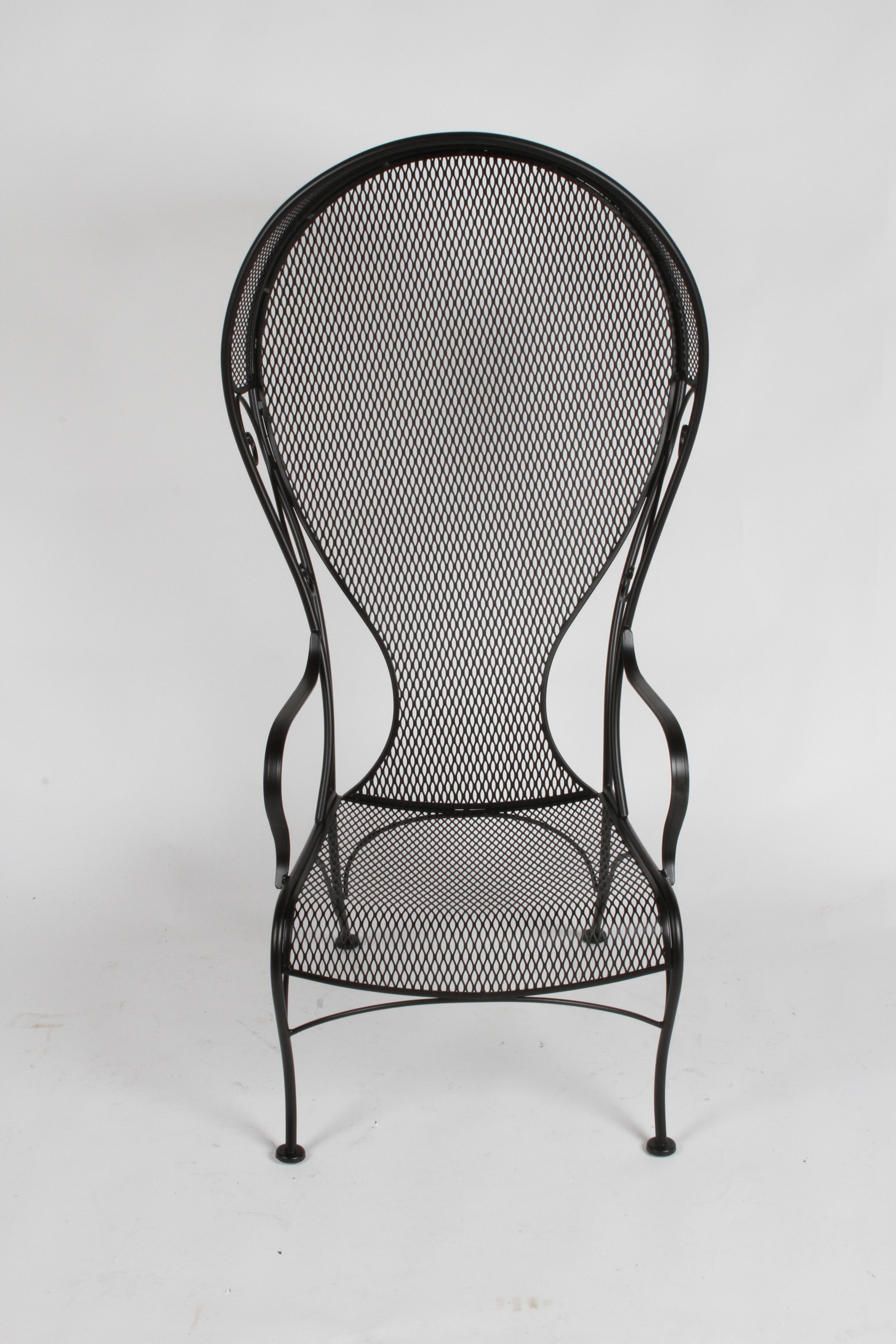 Mid-Century Modern Russell Woodard wrought iron high back canopy patio lounge chair with corseted backs, also know as the Princess chair in satin black. This chair will be blasted, dipped in rust prohibitor and painted in stain black or white,