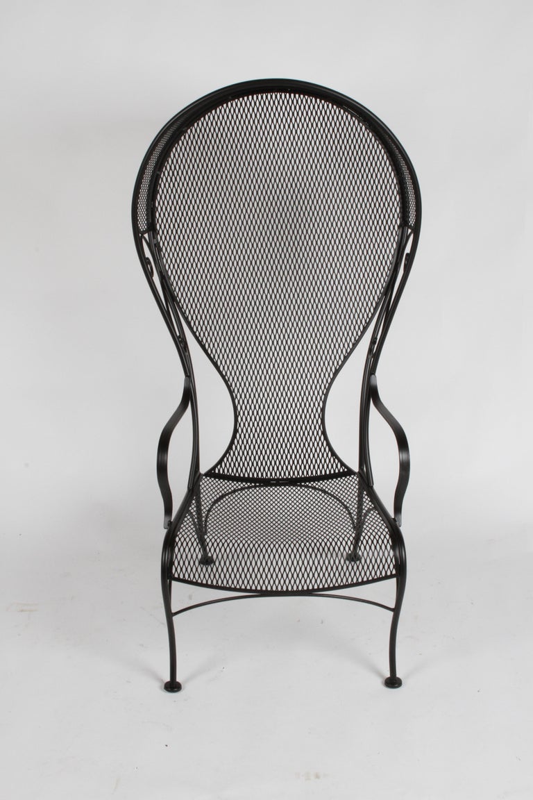 Mid-Century Modern Russell Woodard wrought iron high back canopy patio lounge chair with corseted backs, also know as the Princess chair in satin black. The chair will be blasted, dipped in rust prohibitor and painted in stain black or custom colors