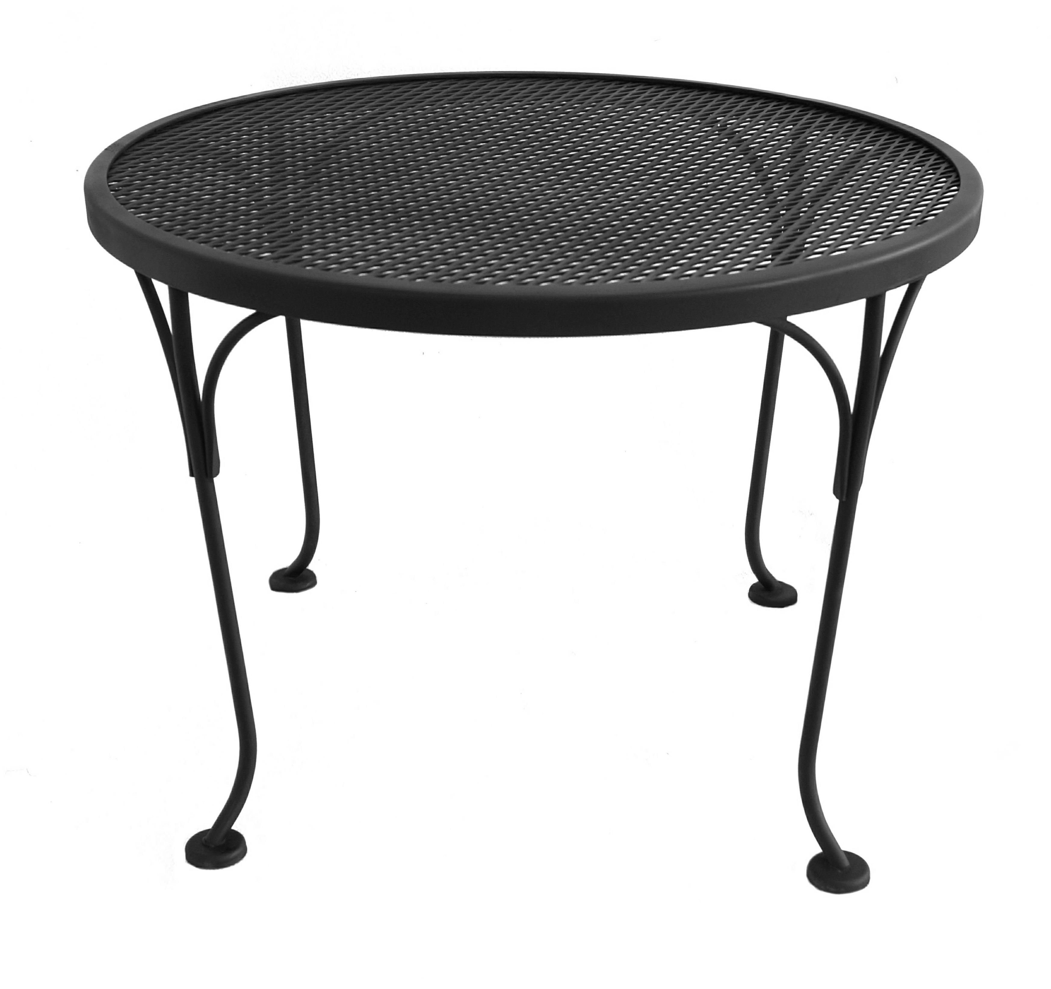 Russell Woodard Furniture Round Black Wrought Iron Patio Coffee or Side Table often seen along side his Sculptura line chairs and settees