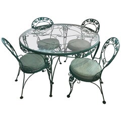 Retro Russell Woodard Green Iron Dining Table and Four Chairs