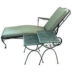 Retro Russell Woodard Green Wrought Iron Chaise Longue Chair and End Tables