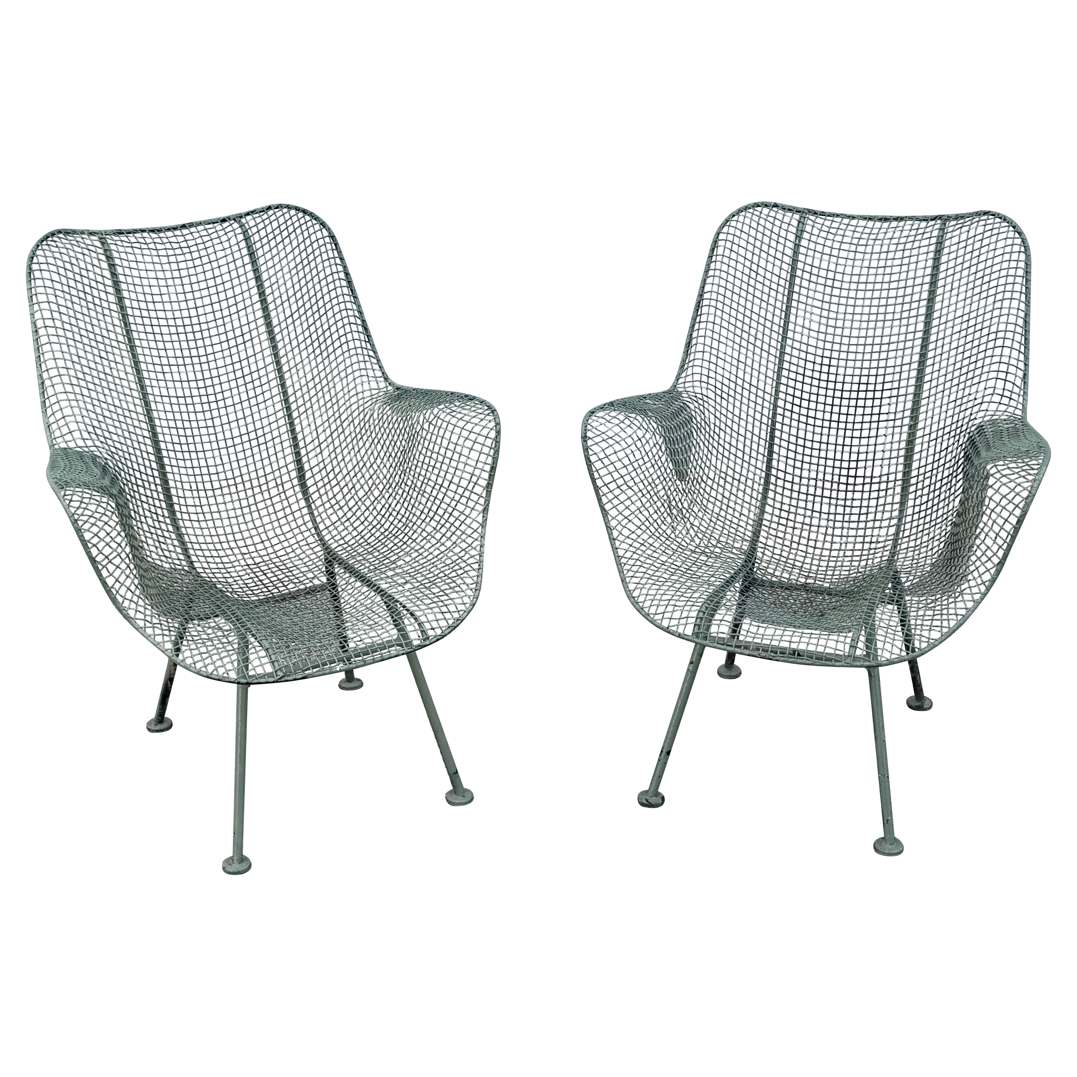 Russell Woodard Mid-Century Modern Grün Mesh Sculptura Hohe Rückenlehne Lounge Stühle