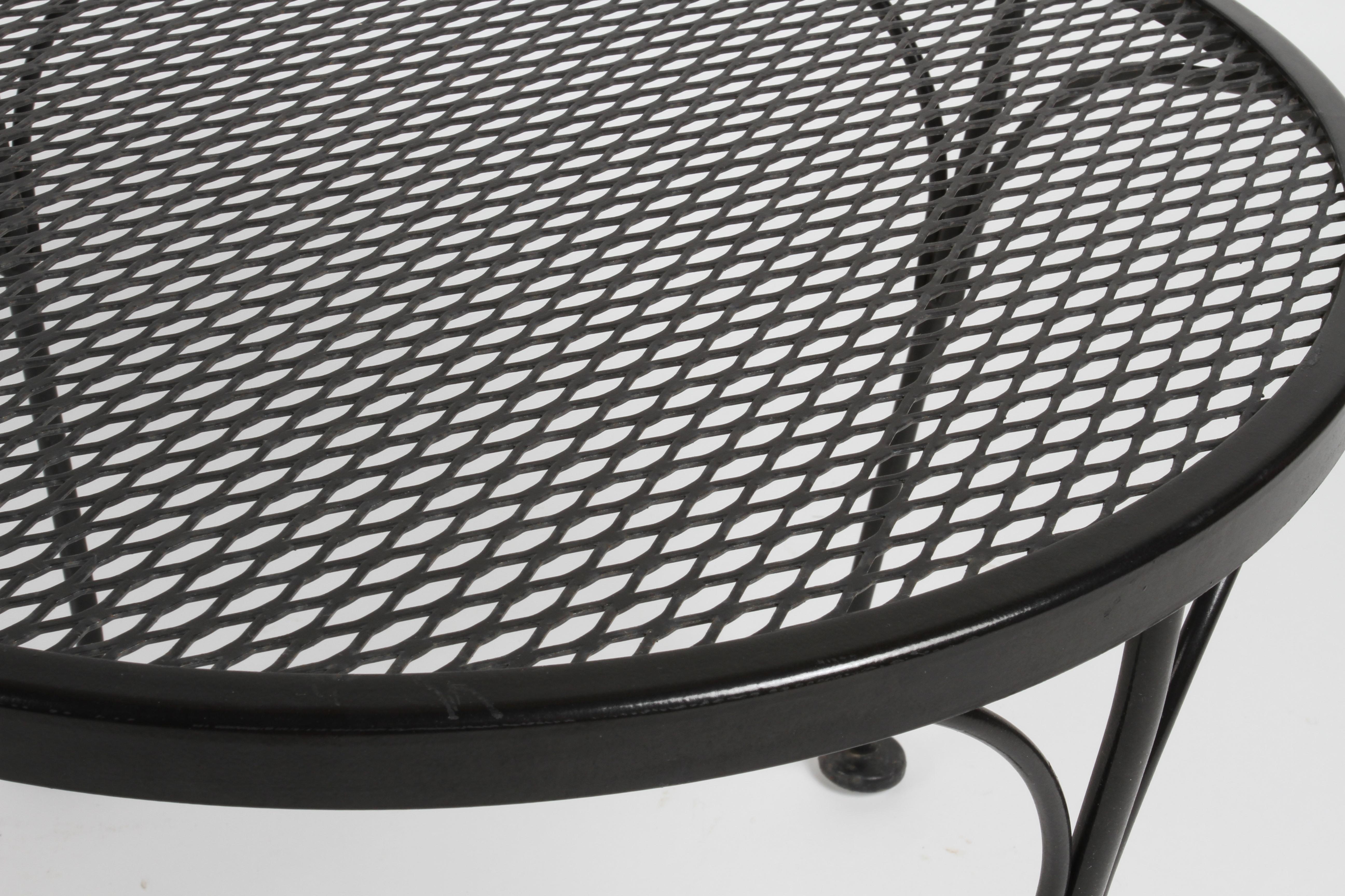 American Russell Woodard Round Black Wrought Iron & Mesh Patio Coffee of Side Table  For Sale