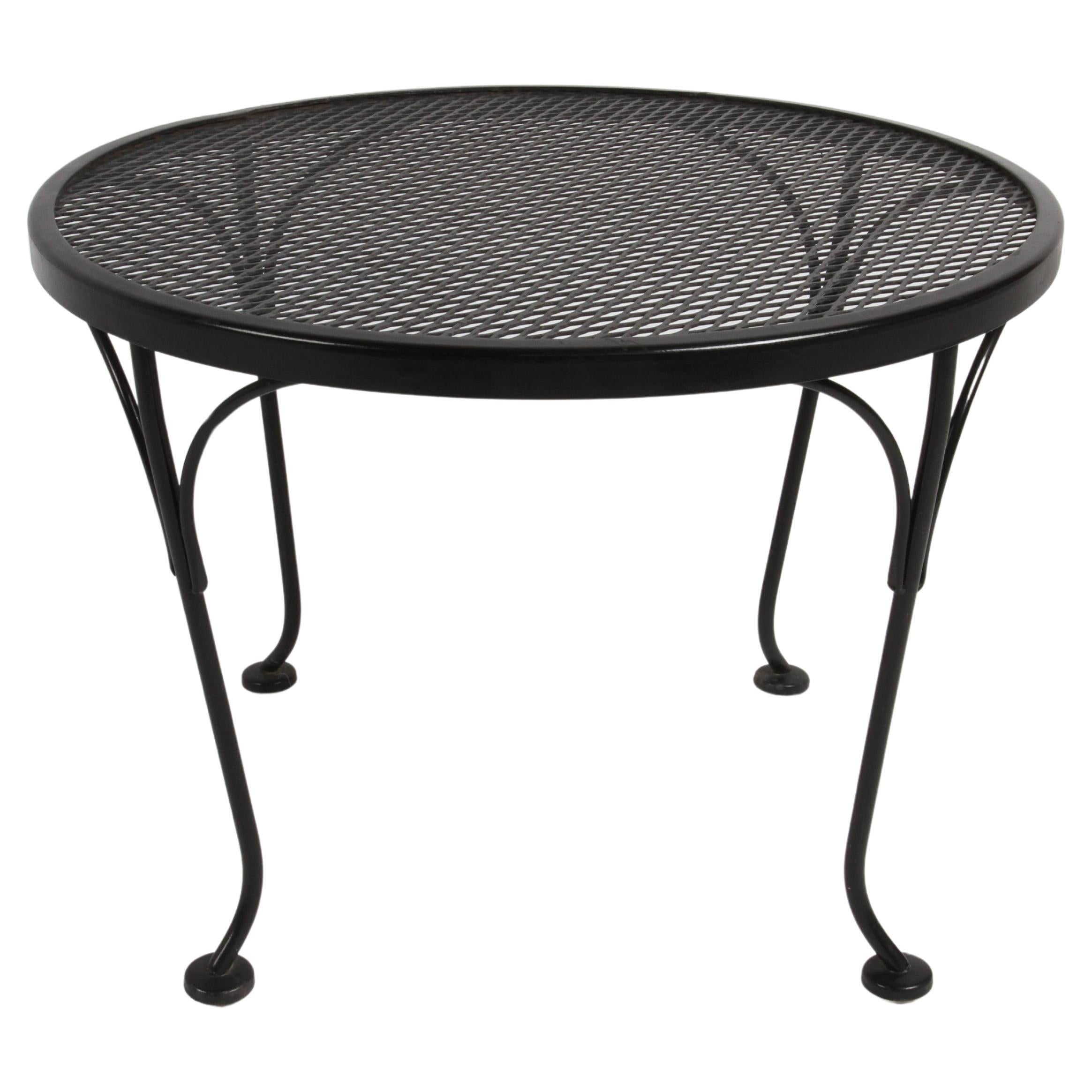 Russell Woodard Round Black Wrought Iron & Mesh Patio Coffee of Side Table  For Sale