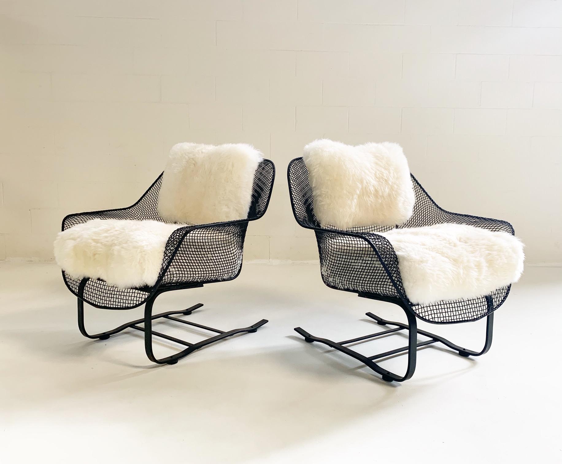 Mid-Century Modern Russell Woodard Sculptura Lounge Chairs and Ottoman with Sheepskin Cushions