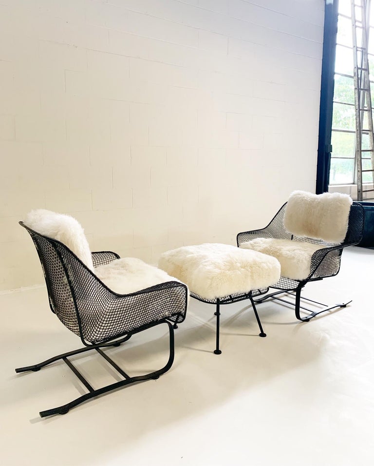 Russell Woodard Sculptura Lounge Chairs and Ottoman with Sheepskin