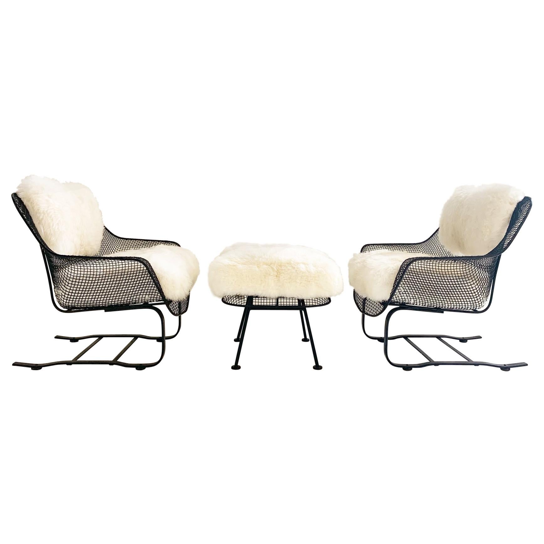 Russell Woodard Sculptura Lounge Chairs and Ottoman with Sheepskin Cushions