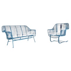 Cerulean Blue Russell Woodard Sculptura Loveseat + Cantilevered "Springer" Chair