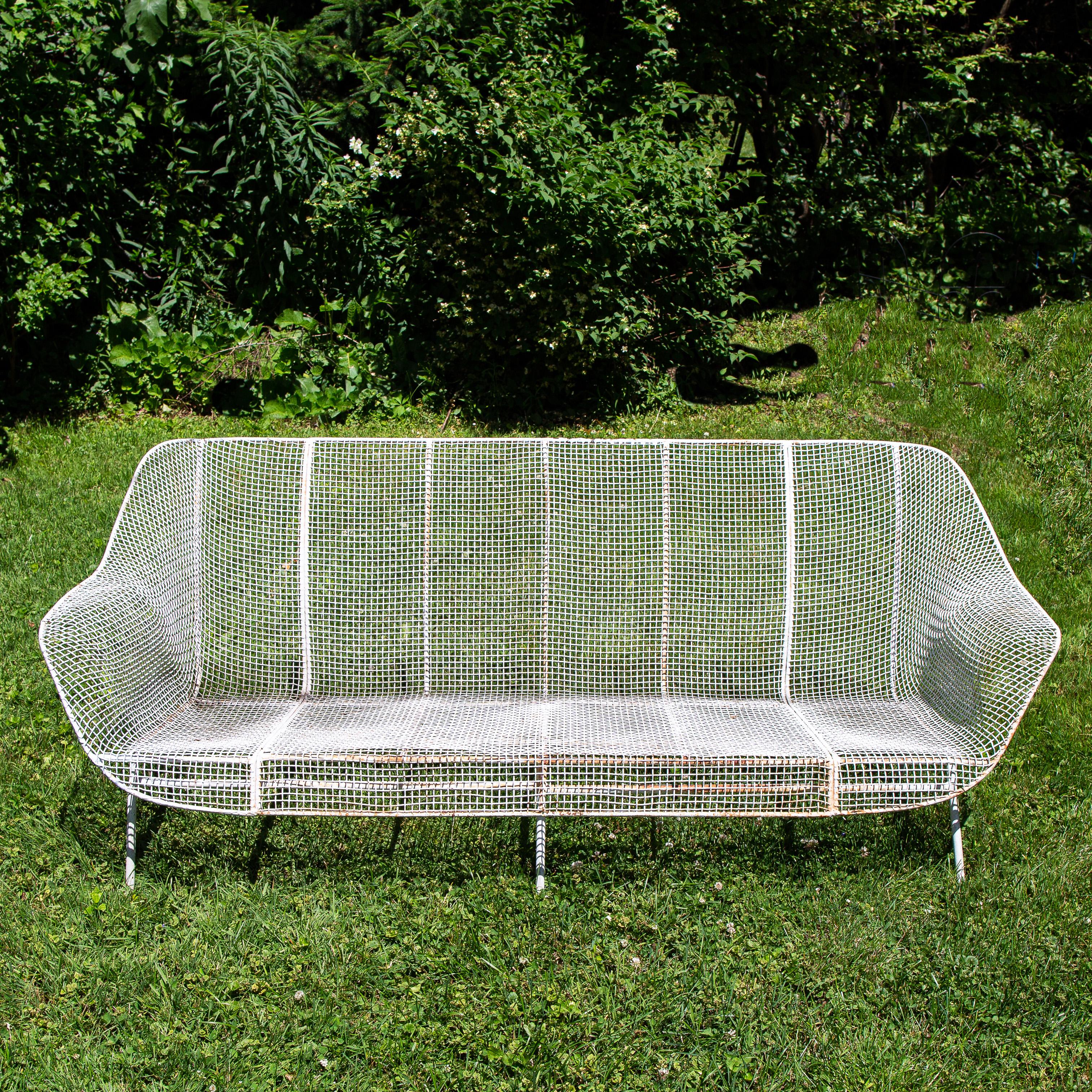 Mid-Century Modern, outdoor, patio, powder-coated, steel mesh and wrought iron sofa by Russell Woodard, Sculptura with original yellow vinyl cushions.