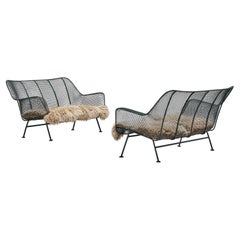 Russell Woodard 'Sculptura' Patio Benches in Dark Green Lacquered Metal 