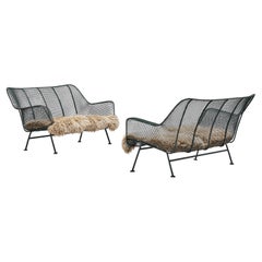 Russell Woodard 'Sculptura' Patio Benches in Dark Green Lacquered Metal
