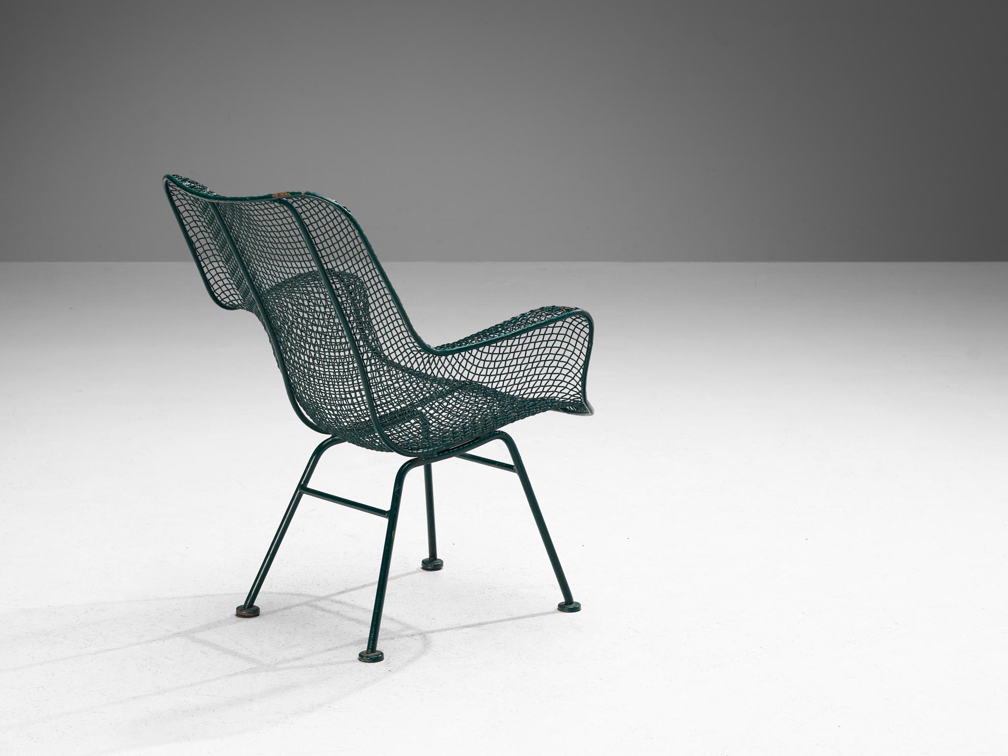 Mid-Century Modern Russell Woodard 'Sculptura' Patio Chairs in Dark Green Lacquered Metal  For Sale