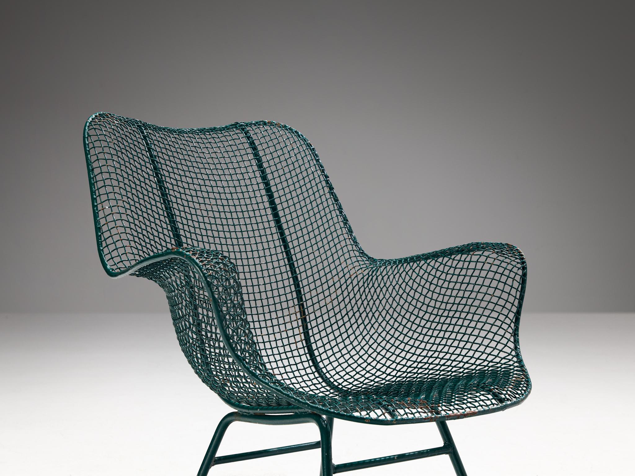 Mid-Century Modern Russell Woodard 'Sculptura' Patio Chairs in Dark Green Lacquered Metal For Sale