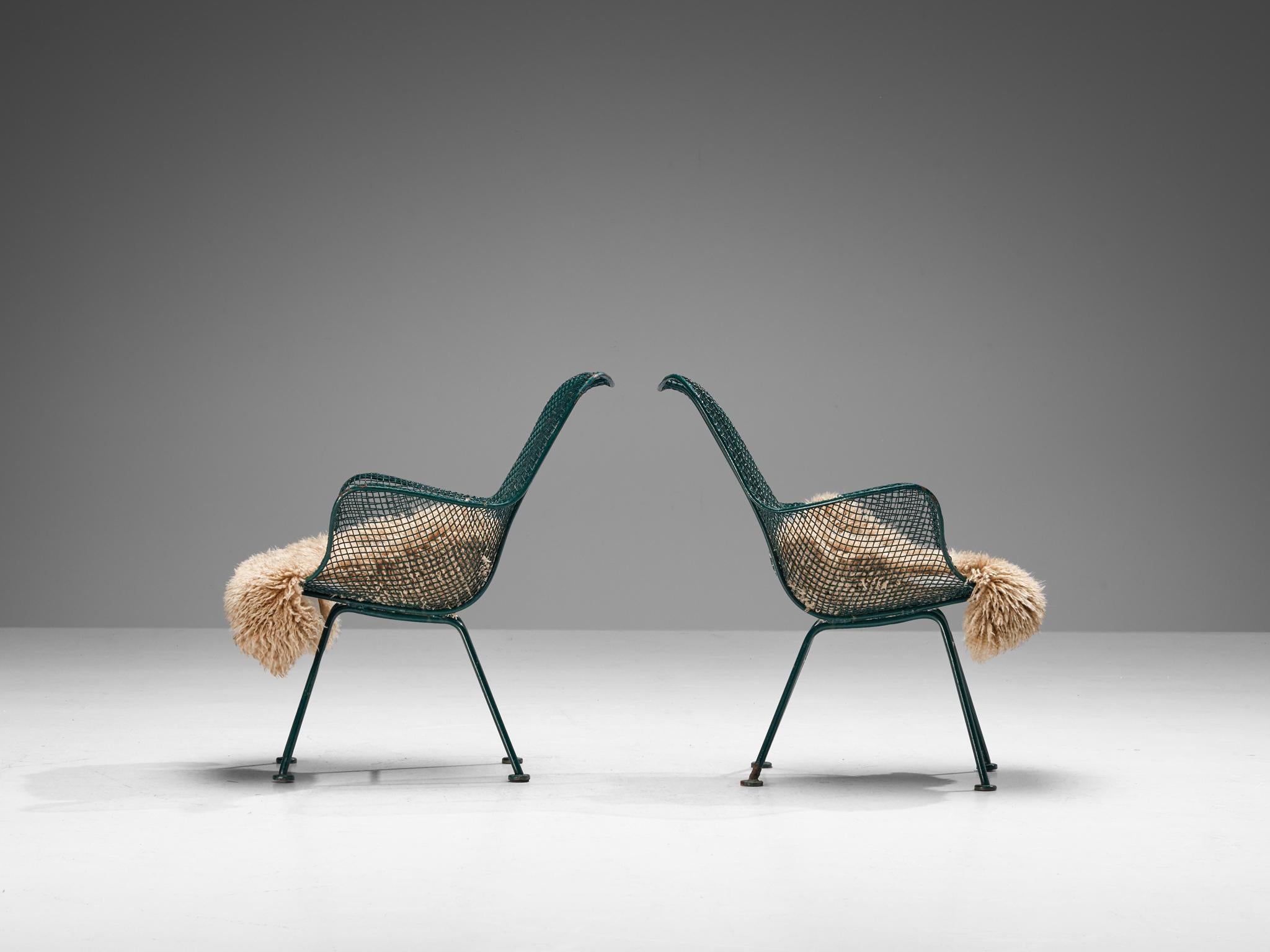 American Russell Woodard 'Sculptura' Patio Chairs in Dark Green Lacquered Metal For Sale