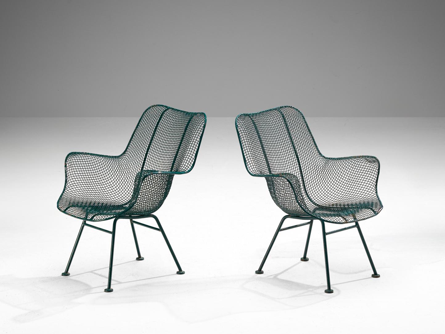 American Russell Woodard 'Sculptura' Patio Chairs in Dark Green Lacquered Metal  For Sale