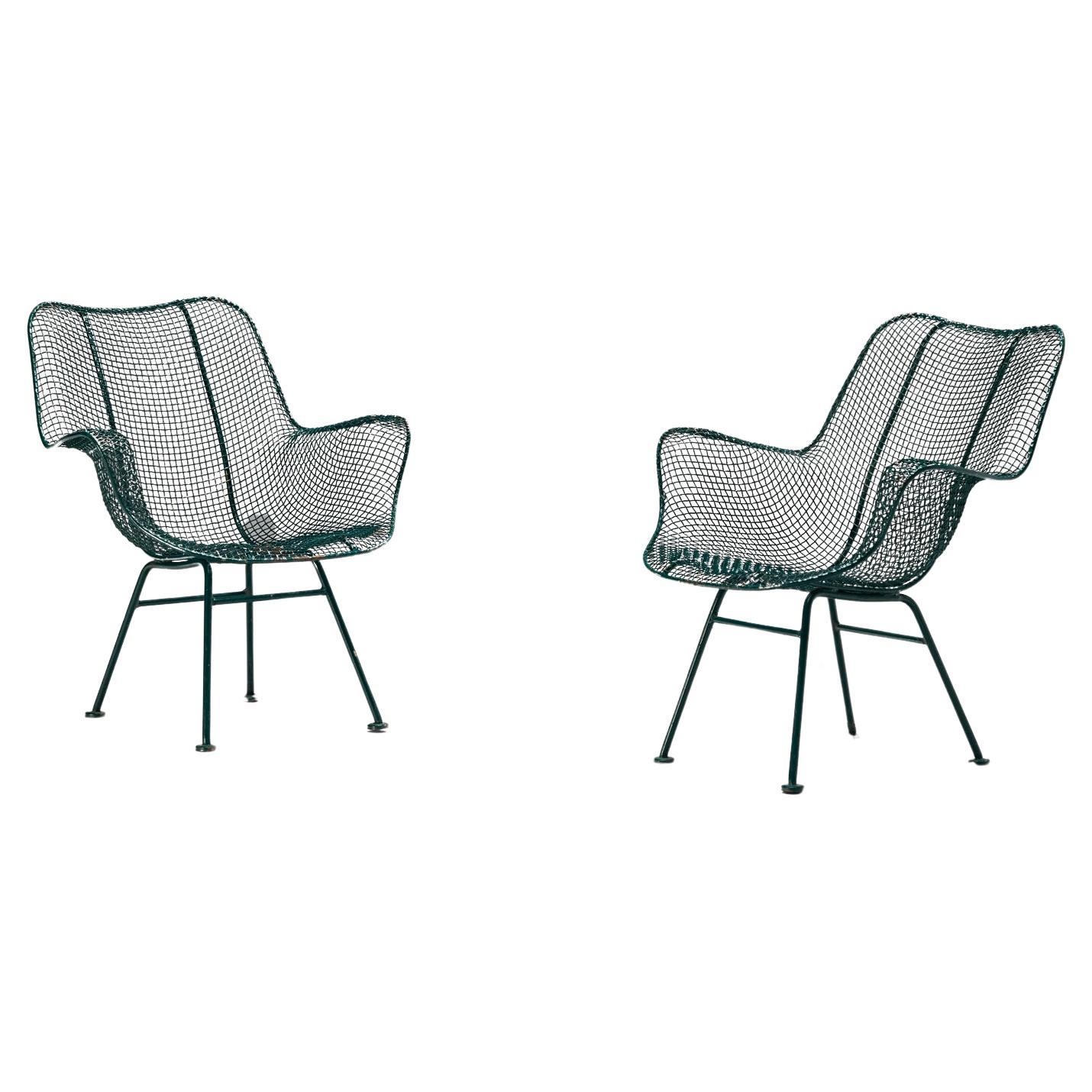 Russell Woodard 'Sculptura' Patio Chairs in Dark Green Lacquered Metal  For Sale
