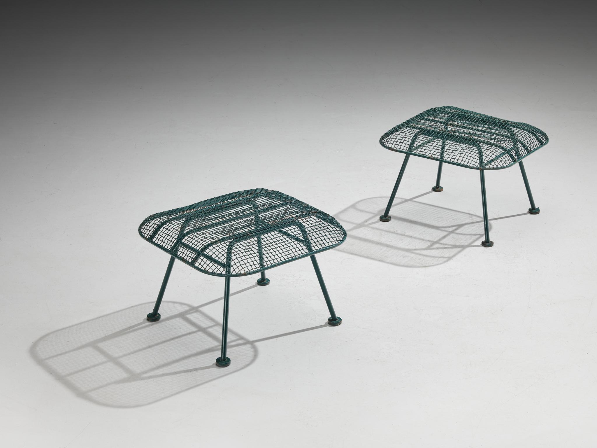 Russell Woodard, pair of 'Sculptura' patio ottomans, lacquered iron and steel, United States, 1950s

This 'Sculptura' ottoman is designed by Russell Woodard. The stool features an intricate interlacing of steel wires, resulting in a linear grill
