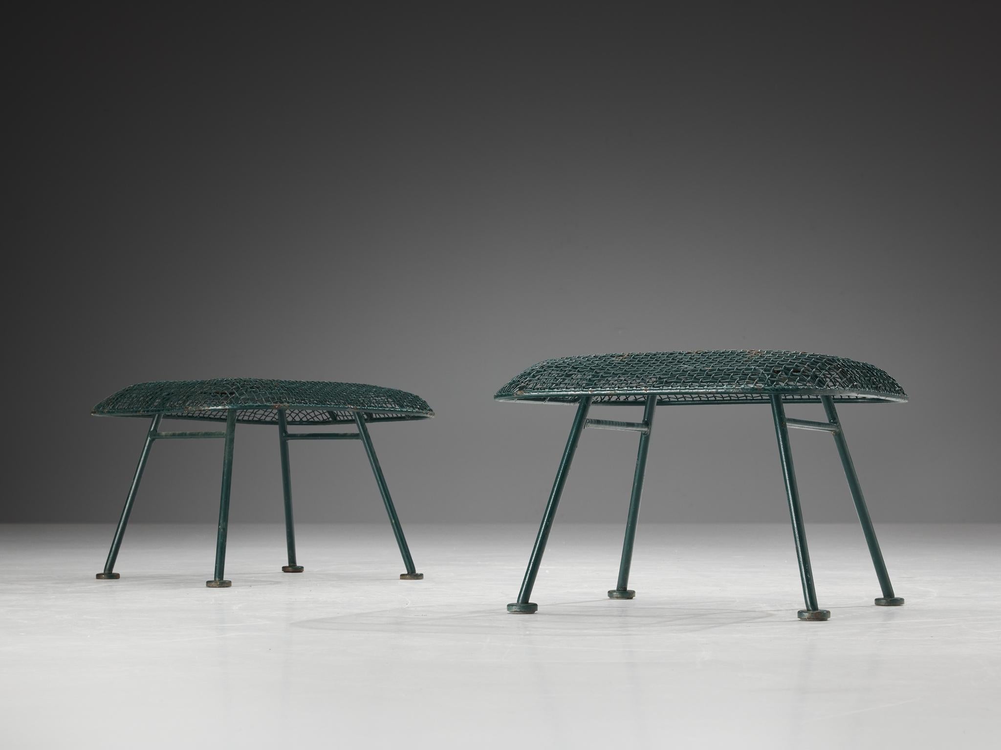 Steel Russell Woodard 'Sculptura' Patio Ottomans in Dark Green Lacquered Metal For Sale