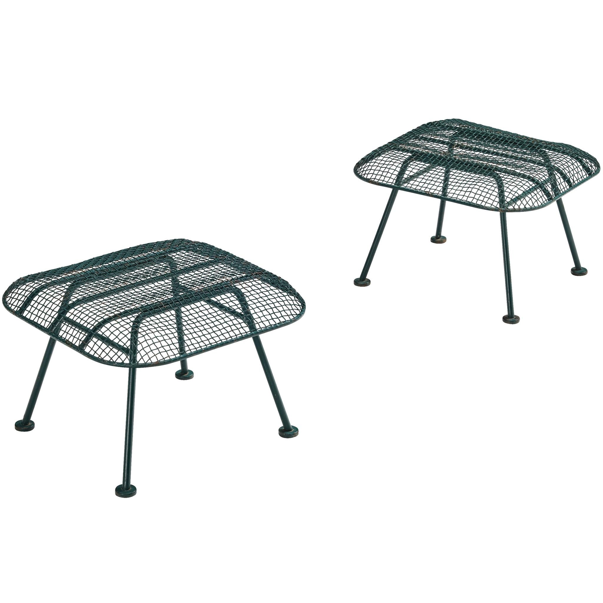 Russell Woodard 'Sculptura' Patio Ottomans in Dark Green Lacquered Metal For Sale