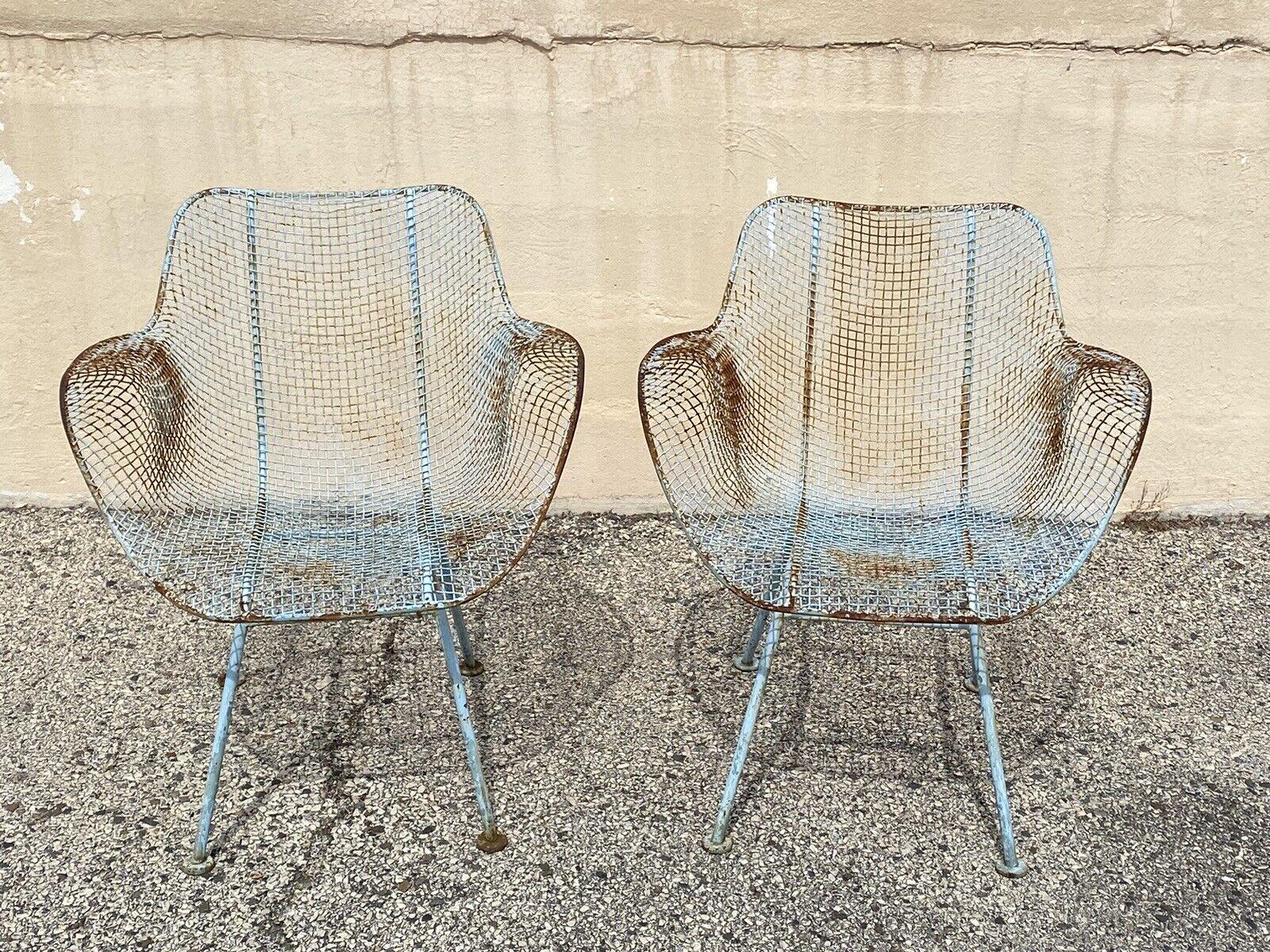 Russell Woodard Sculptura Wrought Iron Blue Distress Painted Arm Chairs - a Pair 5