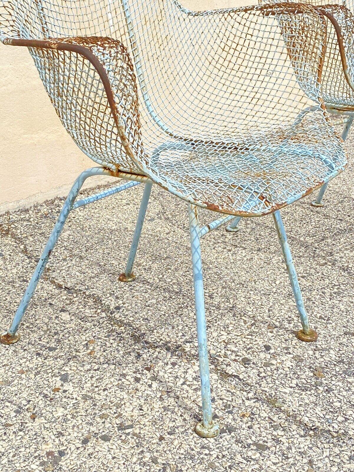 Russell Woodard Sculptura Wrought Iron Blue Distress Painted Arm Chairs - a Pair In Good Condition In Philadelphia, PA