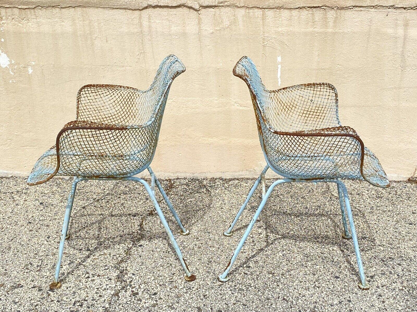 Russell Woodard Sculptura Wrought Iron Blue Distress Painted Arm Chairs - a Pair For Sale 2