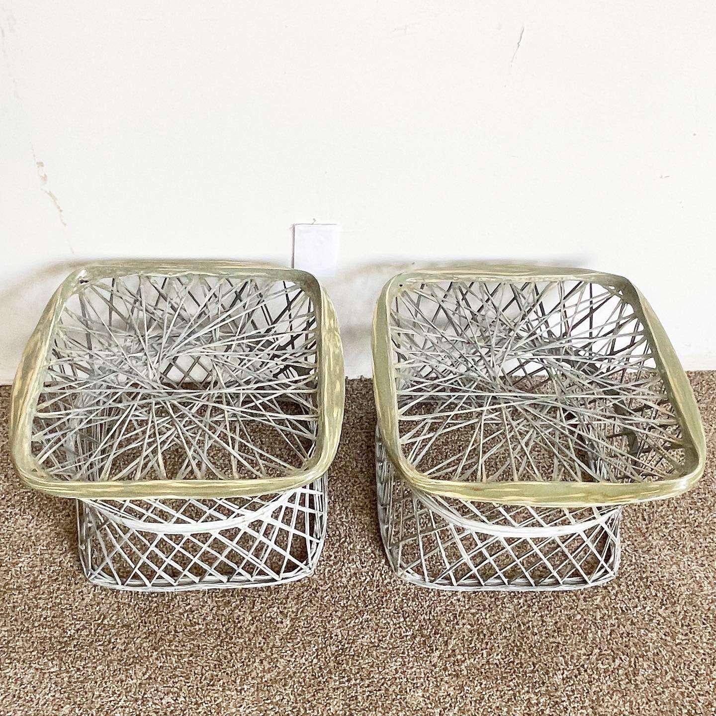 Glass Russell Woodard Spun Fiberglass Lounge Chairs With Ottomans and Side Tables For Sale