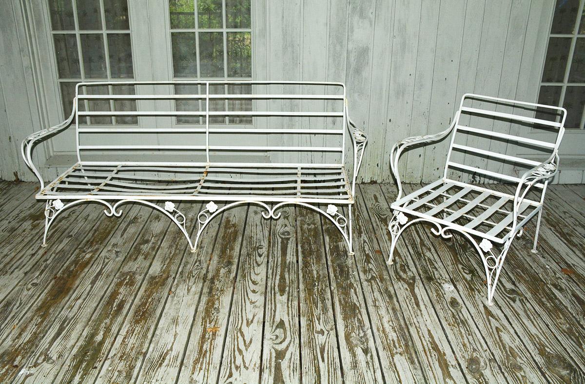 Woodard inspired sofa and matching lounge chairs, handmade wrought-iron outdoor patio, garden or porch furniture featuring scrolling maple leaf design. A trademark for their durable design and construction. Simple and elegant. The set makes for