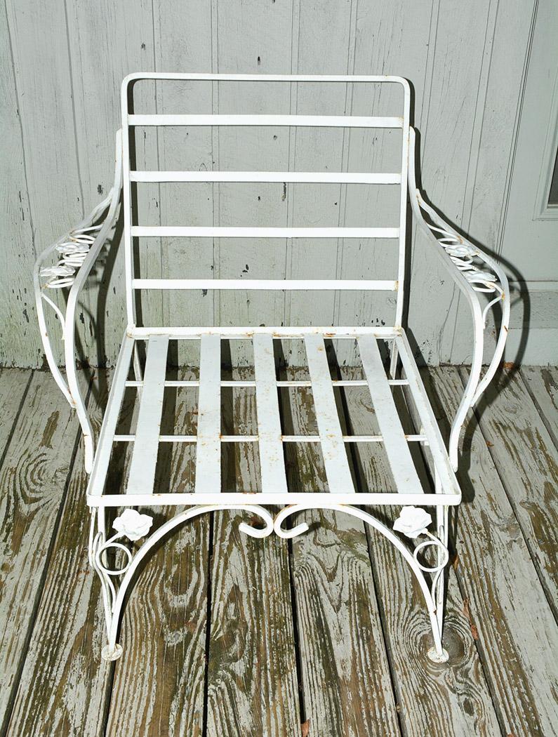 Wrought Iron Russell Woodard Style Metal Garden or Porch Sofa with Matching Lounge Chair For Sale