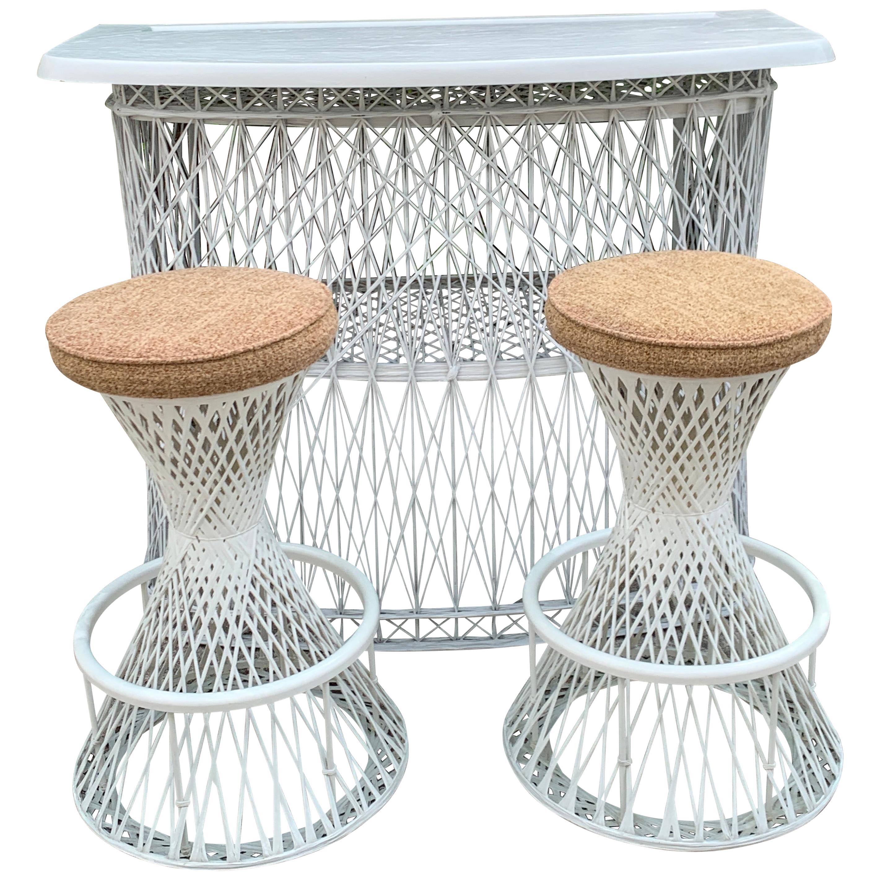 Russell Woodard Woven Fiberglass Bar and Two Stools, Restored For Sale
