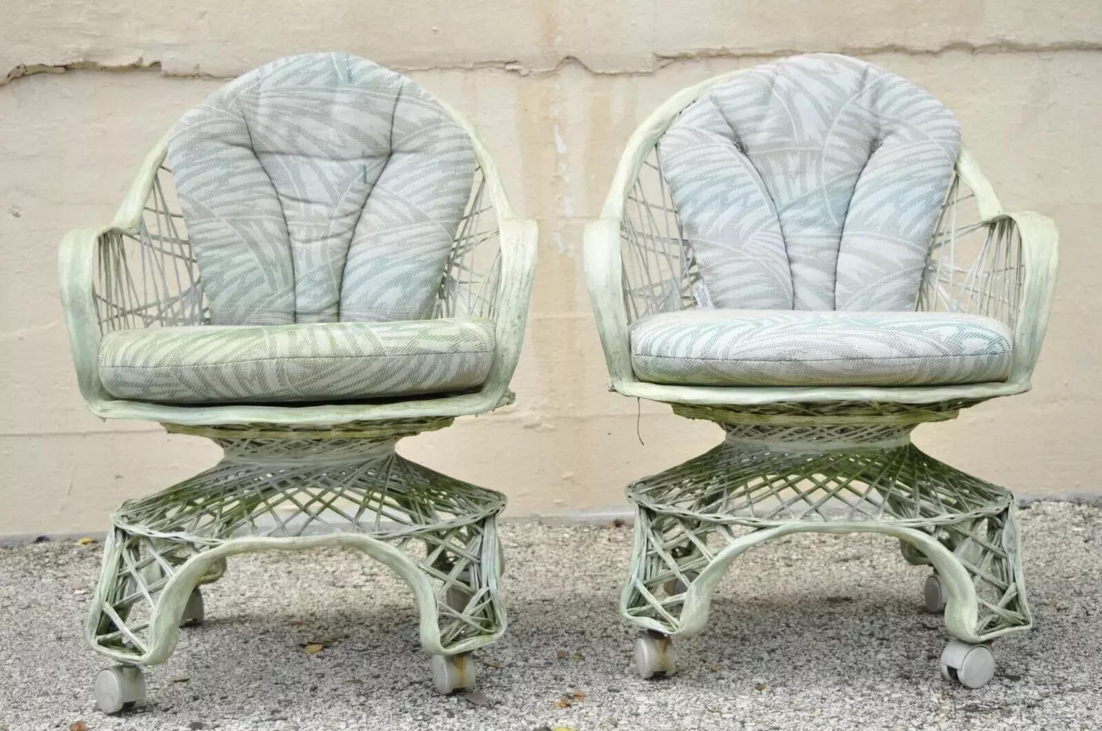 Russell Woodard Woven Spun Fiberglass Swivel Rolling Club Lounge Chairs - Pair For Sale 5