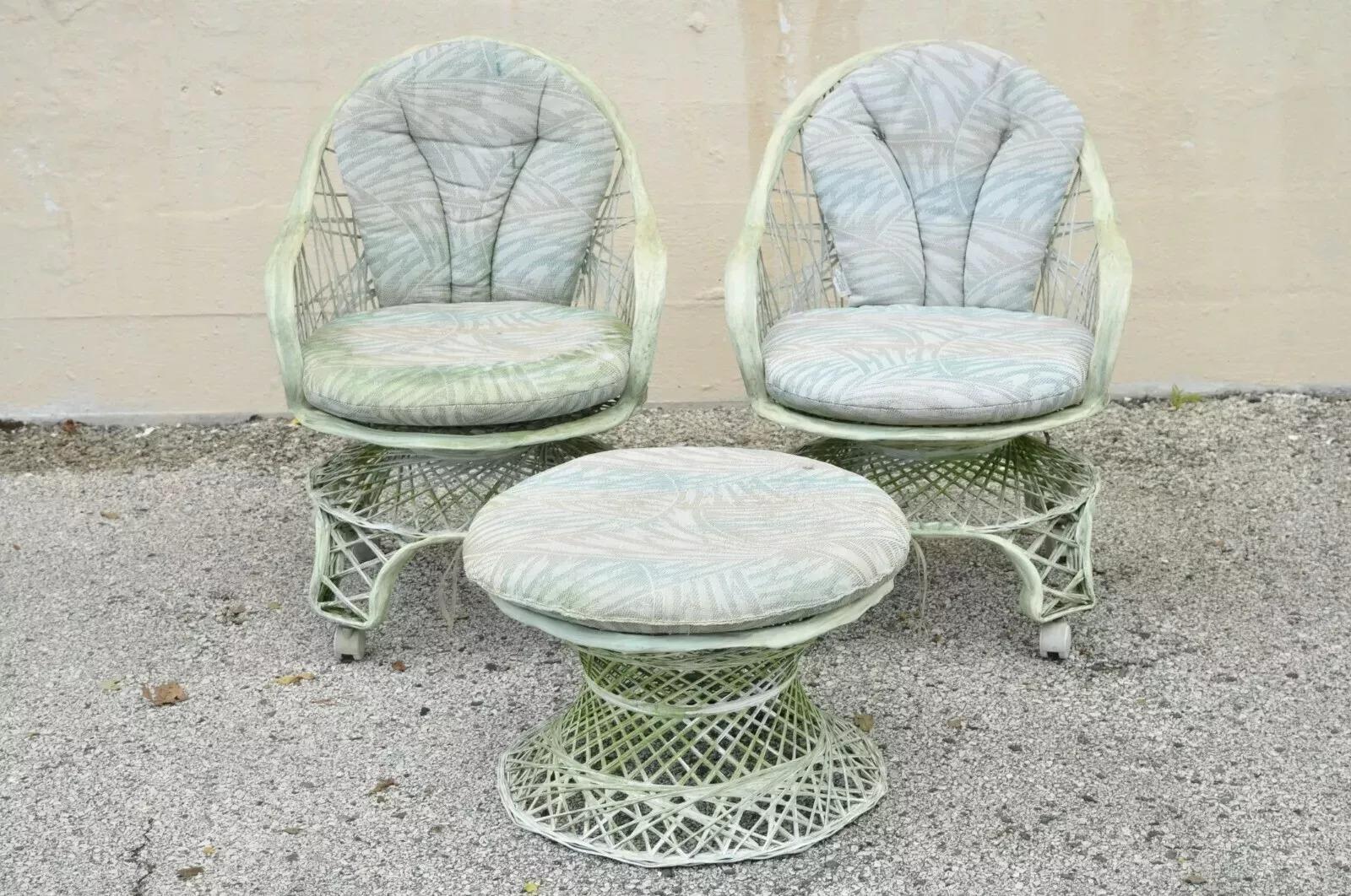 Russell Woodard Woven Spun Fiberglass Swivel Rolling Club Lounge Chairs - Pair For Sale 6