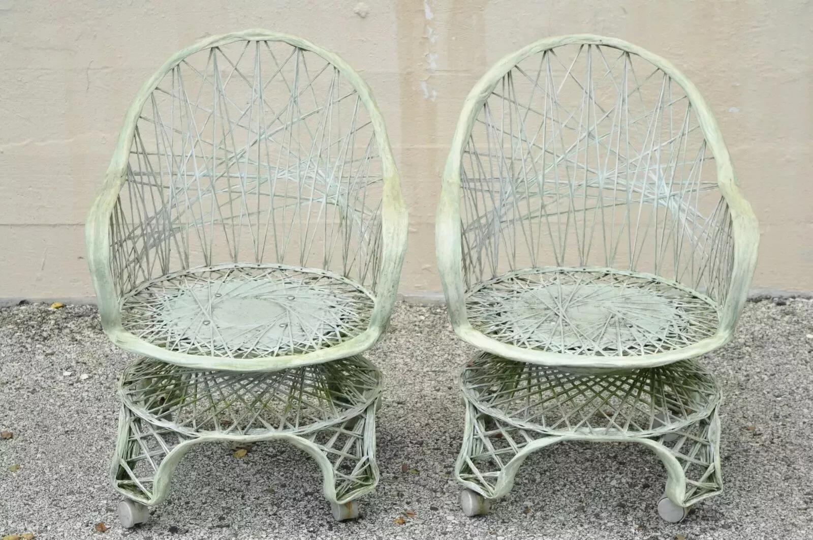 Unknown Russell Woodard Woven Spun Fiberglass Swivel Rolling Club Lounge Chairs - Pair For Sale