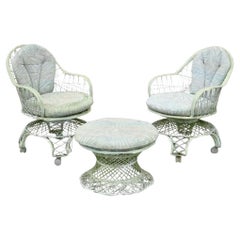 Russell Woodard Woven Spun Fiberglass Swivel Rolling Club Lounge Chairs - Pair