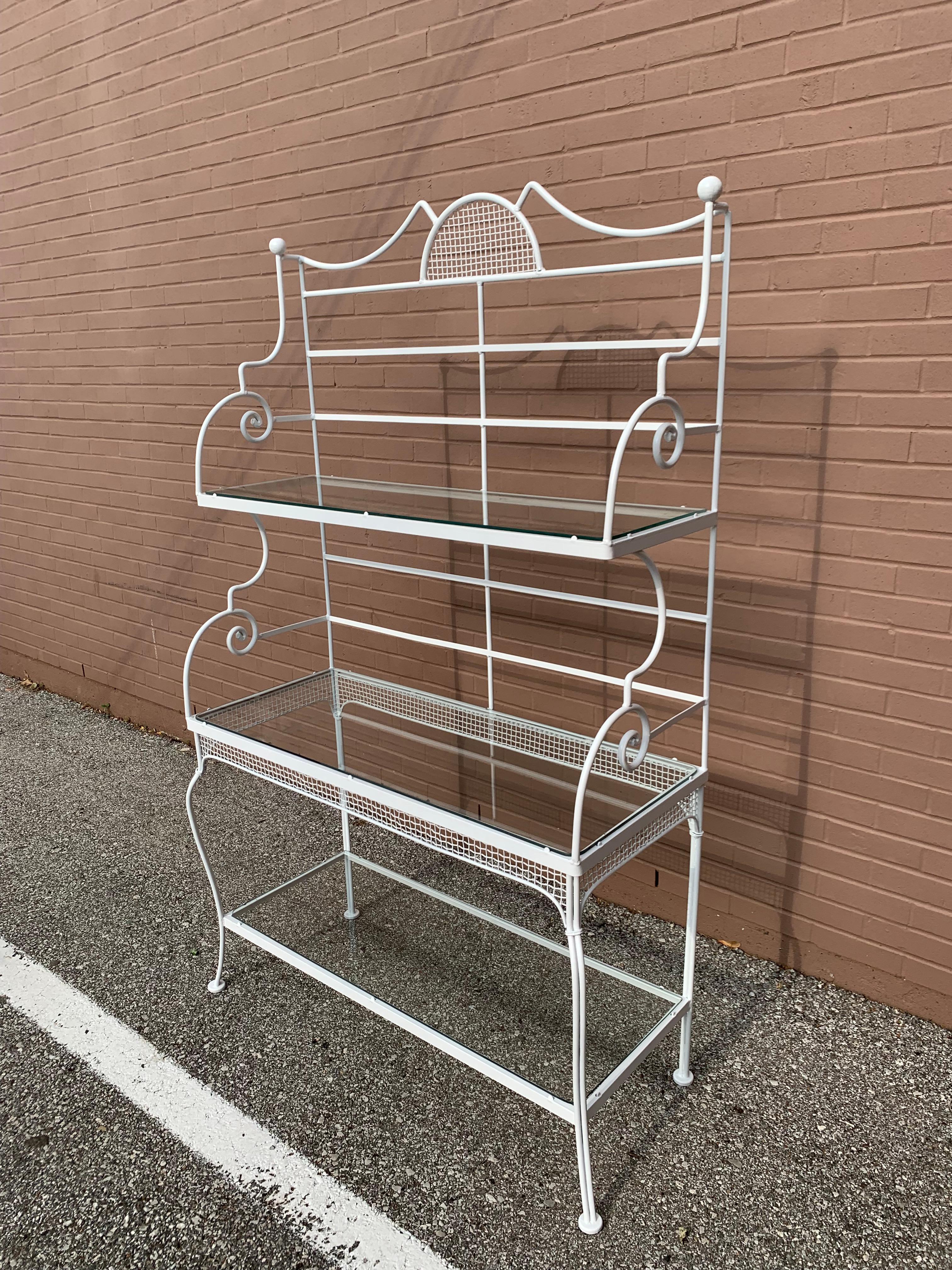 Russell Woodard Wrought Iron 3 Tiers Bakers Rack W/ Glass Shelves, Plant Stand For Sale 5