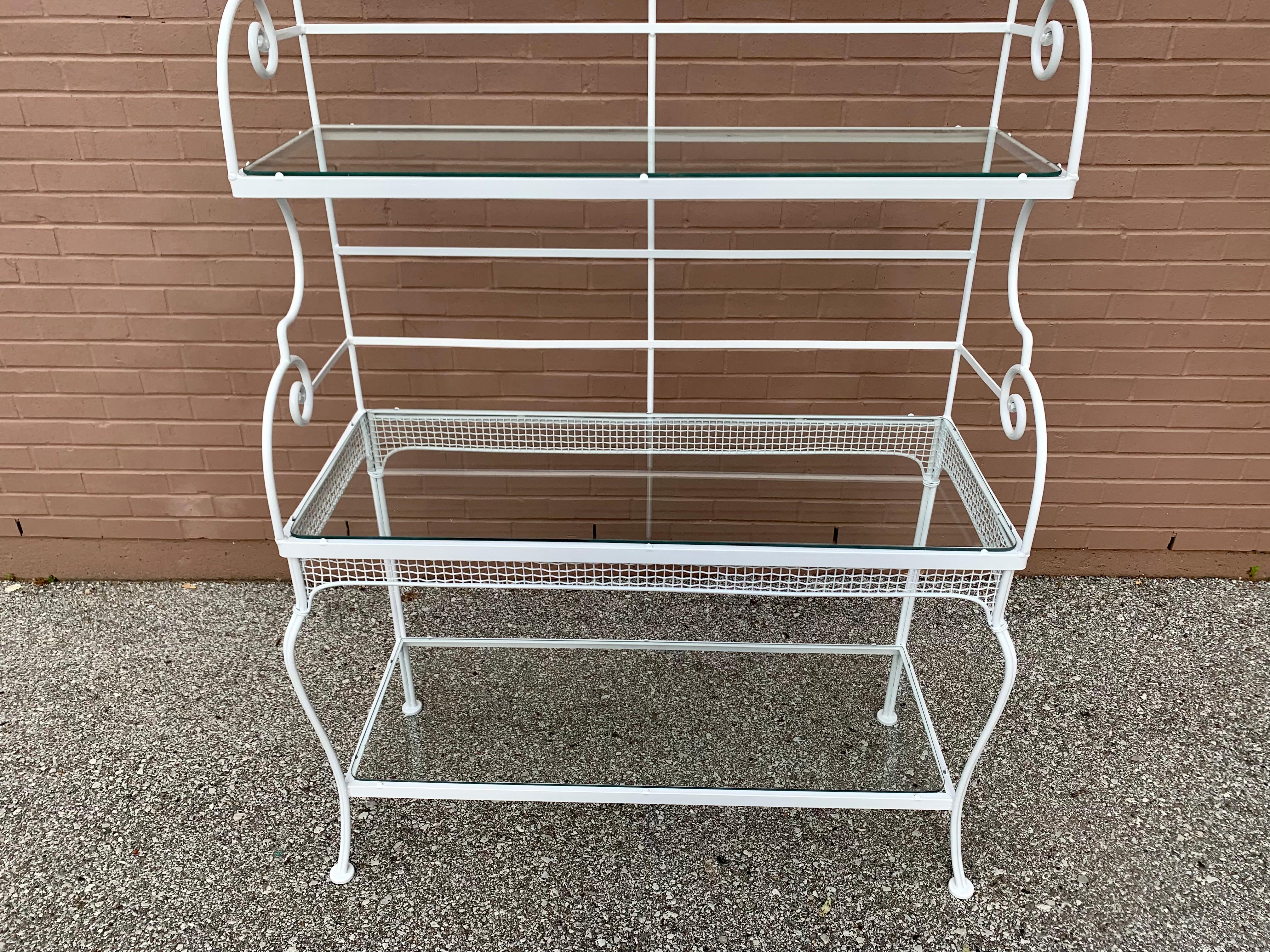 Russell Woodard Wrought Iron 3 Tiers Bakers Rack W/ Glass Shelves, Plant Stand For Sale 9