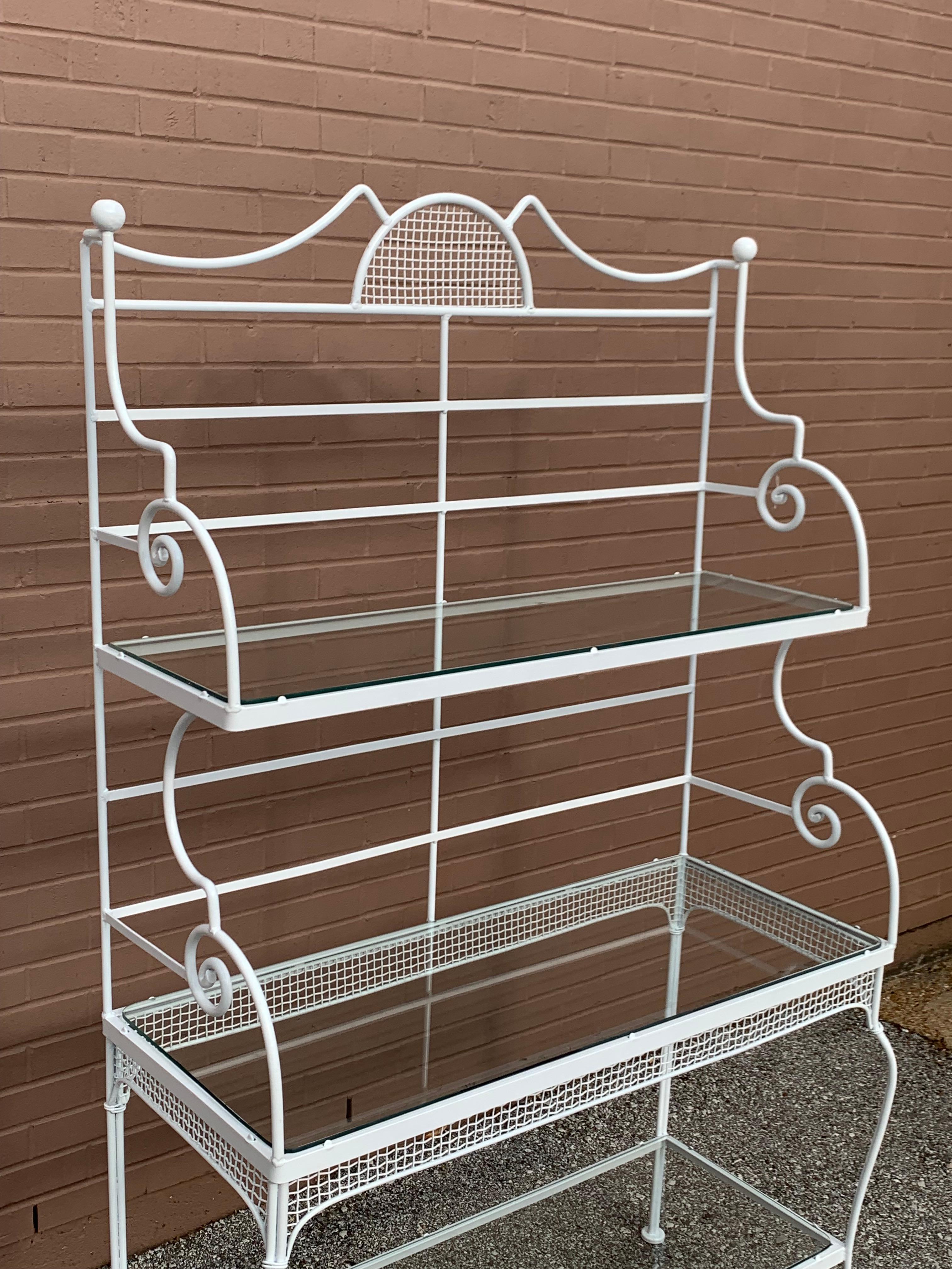 Mid-Century Modern Russell Woodard Wrought Iron 3 Tiers Bakers Rack W/ Glass Shelves, Plant Stand For Sale