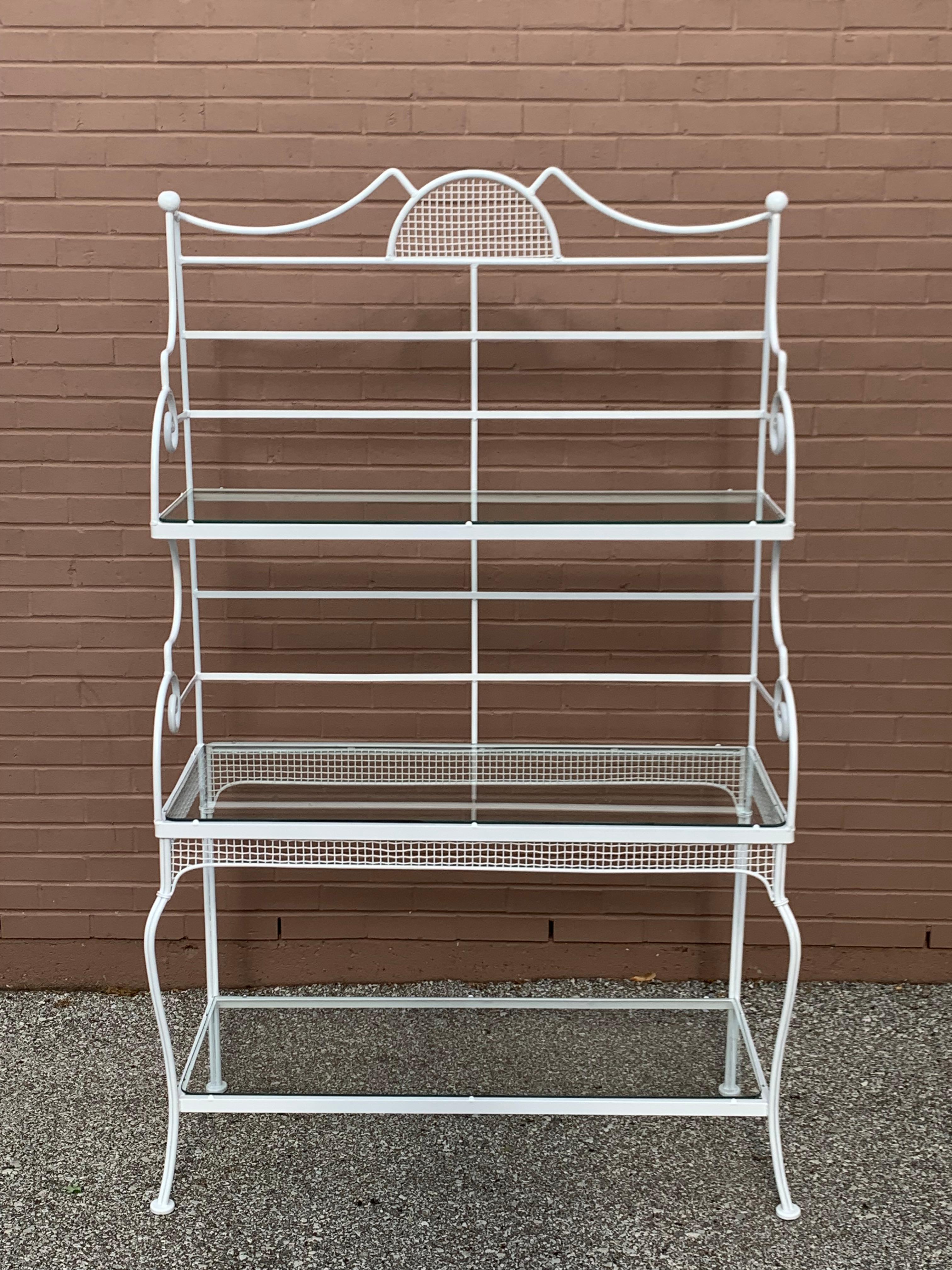 American Russell Woodard Wrought Iron 3 Tiers Bakers Rack W/ Glass Shelves, Plant Stand For Sale