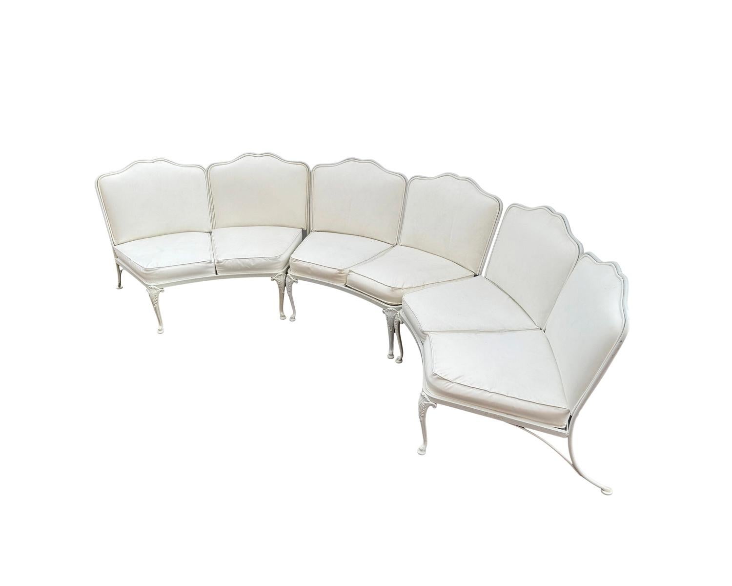 Mid century wrought iron sofa by Russell Woodard features 3 sections, each with 2 seat cushions and upholstered backs. I also have matching lounge chair with ottoman and matching table available in a separate listing. Please let me know if you are
