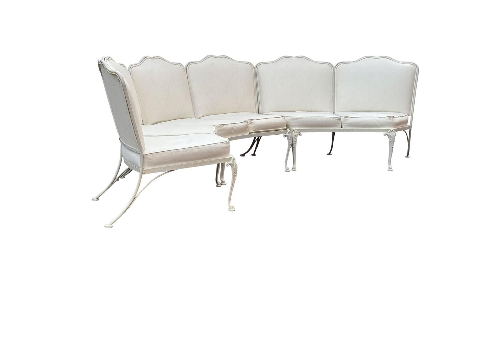 French Provincial Russell Woodard Wrought Iron Curved Sectional Patio Sofa For Sale