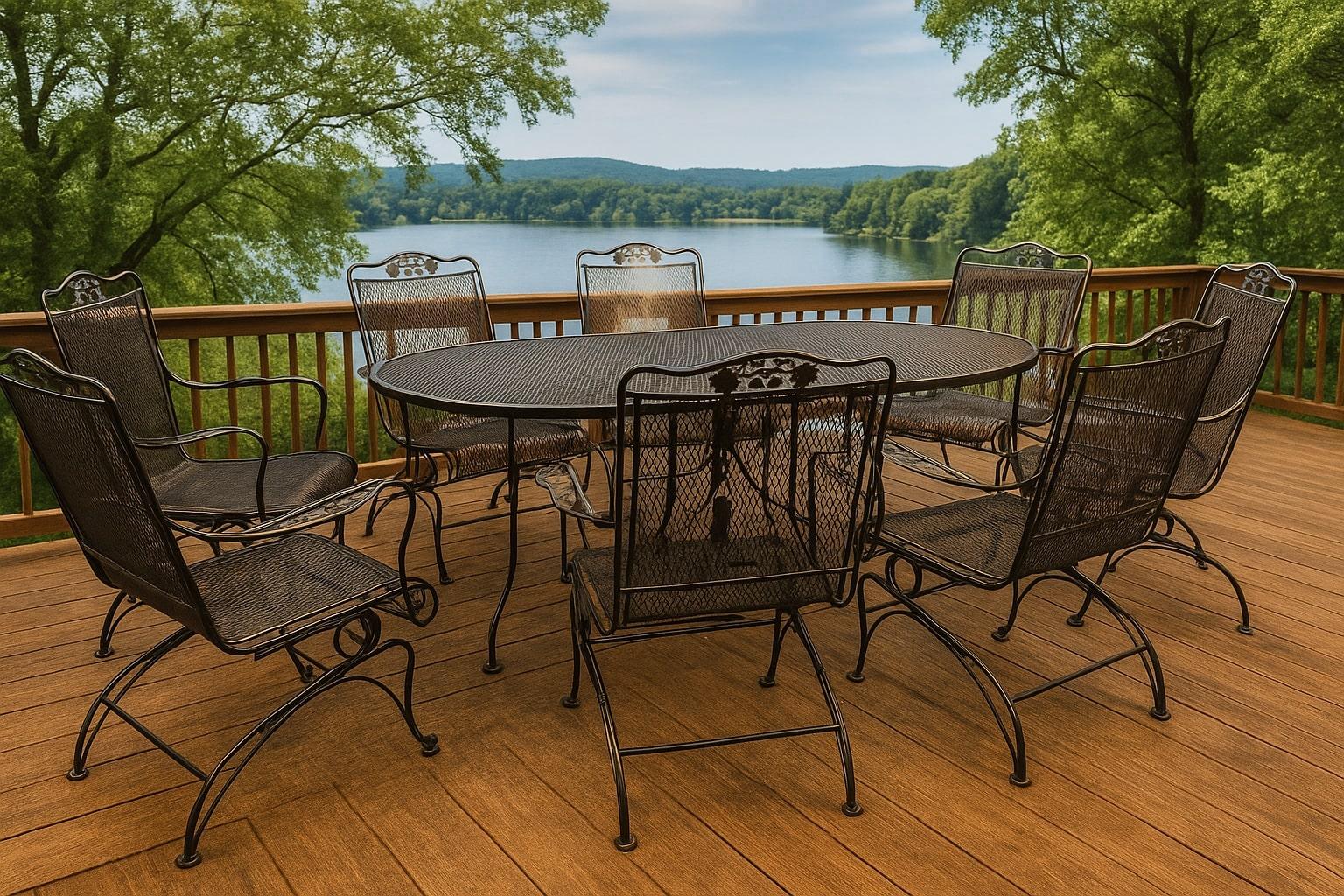 Upgrade your outdoor space with this stunning Russell Woodard wrought iron coil spring set! Featuring eight beautifully designed chairs with a charming daisy floral theme and a large 72-inch long by 42-inch wide wrought iron table, this set combines