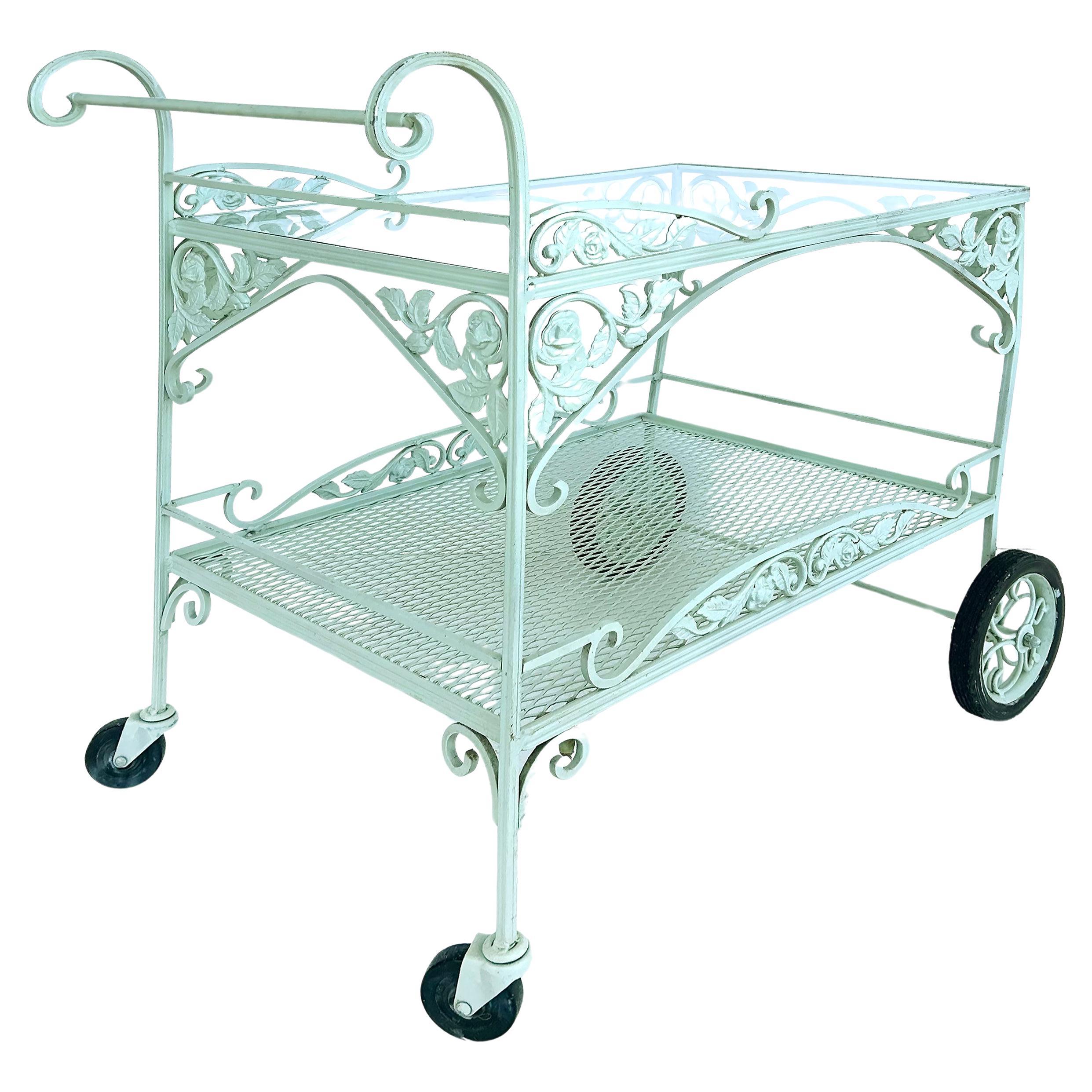 Mid-Century Modern Russell Woodard Wrought Iron Patio/Serving/Bar/Tea Cart With Floral Decoration For Sale